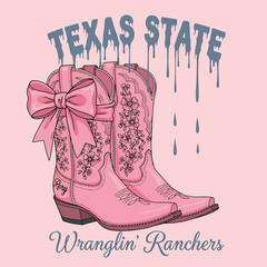 Chic pink cowboy boots adorned with a feminine bow and sparkling details, featuring distressed 'Texas State' lettering and 'Wranglin' Ranchers' text for a trendy Western vibe.