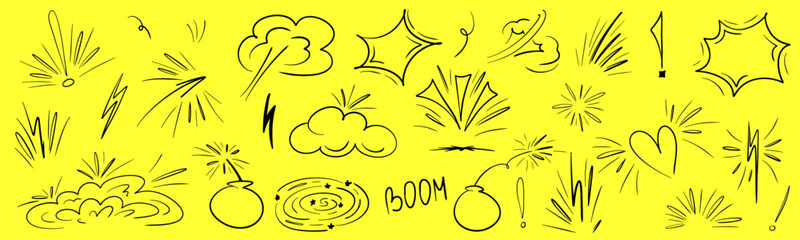 Exclamation element comic line set with bomb and cloud. Sketch comic line burst effect. Cartoon element shape with splash effect. Exclamation cartoon mark shape scribble.