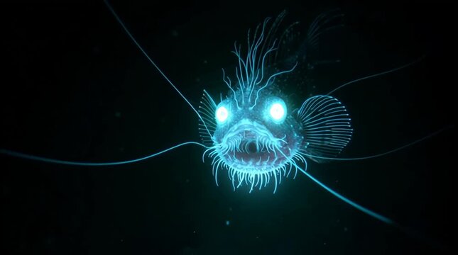In the dark ocean depths, a bioluminescent anglerfish drifts silently, its glowing lure illuminating the murky water &mdash; a mysterious, eerie deep-sea exploration scene.
