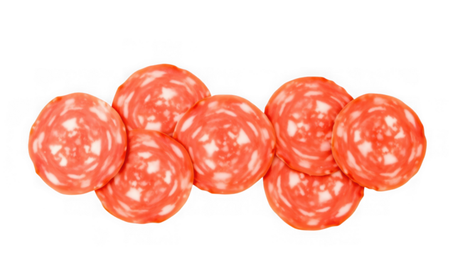 Pile of sliced salami arranged in a circular pattern on a transparent background showcasing its texture and color