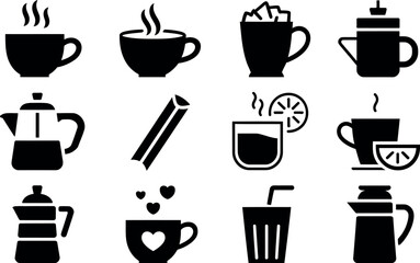 Hot Beverage Icons:  Coffee, Tea, and Drinkware Silhouettes