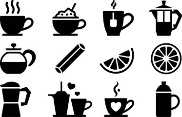 Hot Beverage Icons: Coffee, Tea, and Citrus, Simple Black Glyph Style