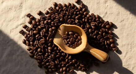 Coffee beans scattered on linen cloth with ceramic scoop