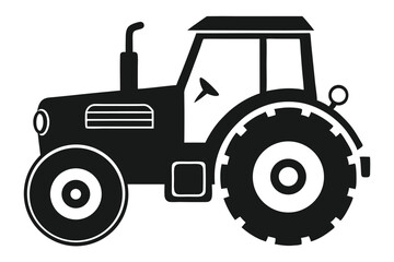 Black and White Vector Illustration of a Tractor with Distinctive Wheels and Cabin Design