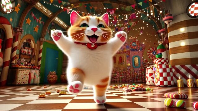 A cheerful ginger and white cartoon cat stands in a candy-filled room, surrounded by colorful candies and festive decorations