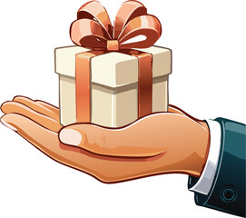 Isolated Vector of Hand Presenting a Wrapped Gift Box with Ribbon