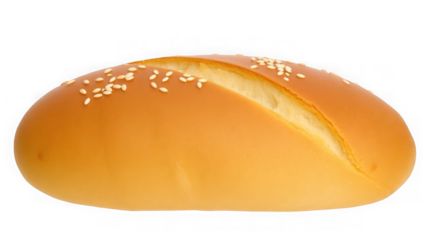 A single goldenbrown bread roll sprinkled with sesame seeds split open isolated against a clean transparent background