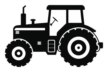 Black silhouette of a tractor with cabin, tires, and exhaust pipe on a white background