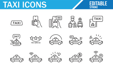 Editable icons of taxis with booking, rating, and location features for travel apps

