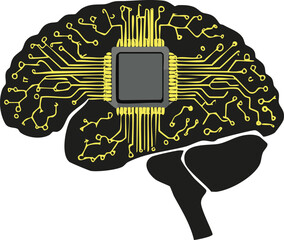 Human Brain Silhouette with AI Chip Inside Representing Human-Machine Integration