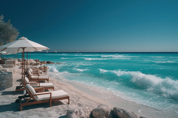 Transats et parasols alignés sur plage paradisiaque, eau turquoise, ciel bleu clair et ambiance estivale luxueuse