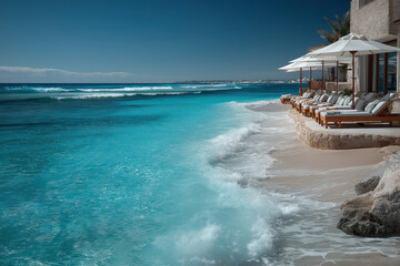 Transats et parasols alignés sur plage paradisiaque, eau turquoise, ciel bleu clair et ambiance estivale luxueuse