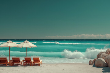 Transats et parasols alignés sur plage paradisiaque, eau turquoise, ciel bleu clair et ambiance estivale luxueuse