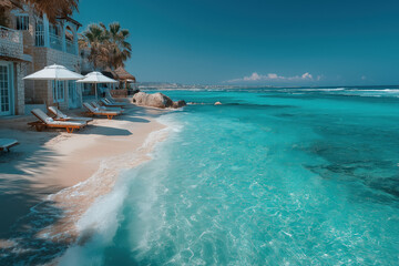 Transats et parasols alignés sur plage paradisiaque, eau turquoise, ciel bleu clair et ambiance estivale luxueuse