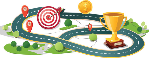 Winding Roadmap with Icons Representing Business Goals and Achievements