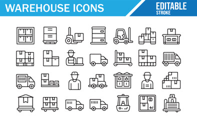 Editable icons depicting warehouse storage, trucks, forklifts, and worker roles

