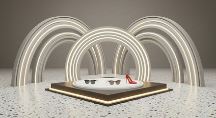Modern display featuring sunglasses and high heel on a luxurious terrazzo platform