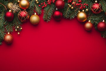 Festive Christmas Arrangement with Red and Gold Decorations on Red Background