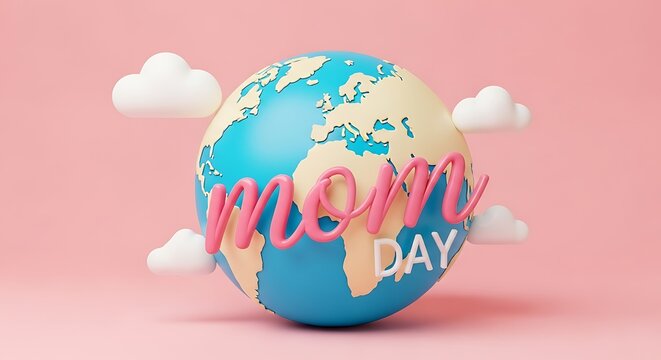 Celebrating mothers around the world with a 3D globe illustration. International Mother's Day greeting concept on a pink background.