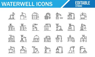 Clean water concept icons with water wells, faucets, and pumps for design projects