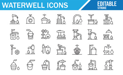 Editable water well icons for illustrating water systems, storage, and conservation