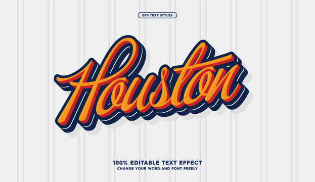 Houston: a playful and sporty text effect with retro flair. Ideal for baseball posters, food packaging, and vintage banners. Editable in EPS format with fun, dynamic lettering
