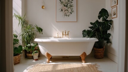 A sunlit bathroom with a soaking tub and lush plants.