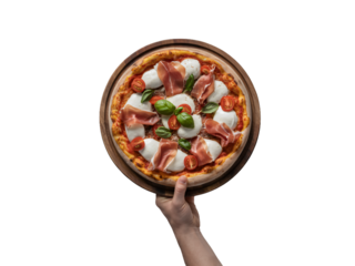  single hand is visible at the bottom of the frame, holding a round pizza on a wooden serving board.