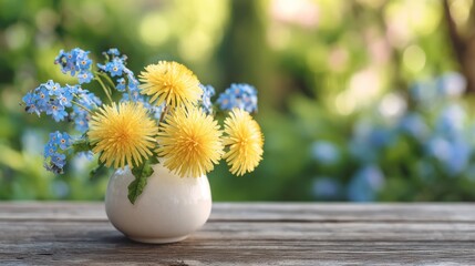 A bouquet of yellow dandelions and forget-me-nots in a white vase.