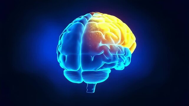 3D rendering of a human brain with highlighted areas, glowing in blue and yellow on a dark background, showcasing medical visualization.
