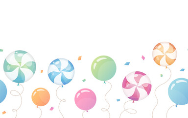 Seamless border with lollipop-shaped party balloons. Colorful vector holiday decoration with confetti and gradients. Graphic element for greeting cards, party invitations, and festive design.