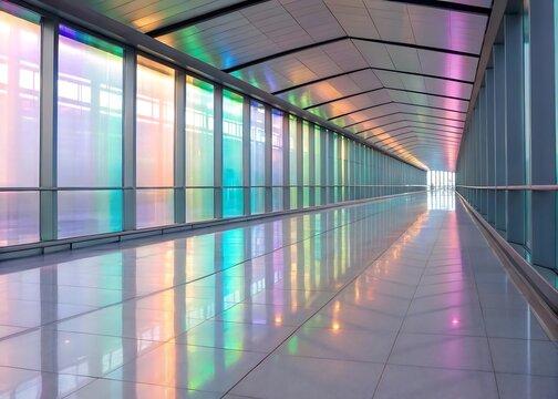 Modern indoor skywalk illuminated by vibrant rainbow colored light reflections - Powered by Adobe