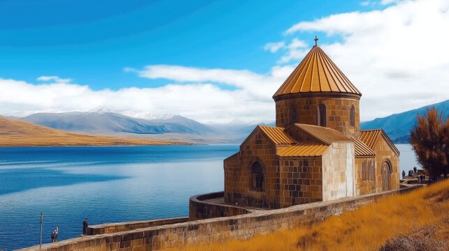 Scenic view of Sevanavank monastery on the shore of Lake Sevan in Armenia with ancient stone church and mountainous landscape.