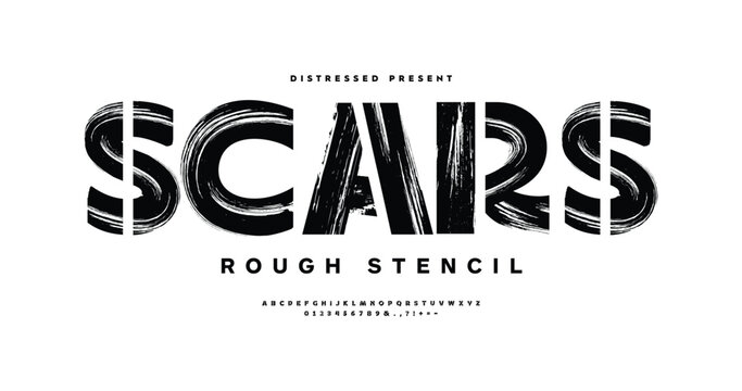 Scars: a gritty stencil font with a distressed texture. Features all-uppercase alphabet in bold grunge style. Perfect for military themes, underground posters, or rebellious branding.