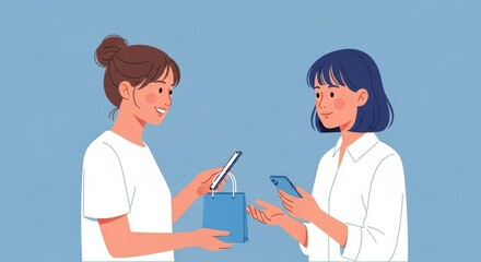 Fototapeta premium Flat illustration of Two women interacting with smartphones one giving a shopping bag to the other in a modern digital exchange