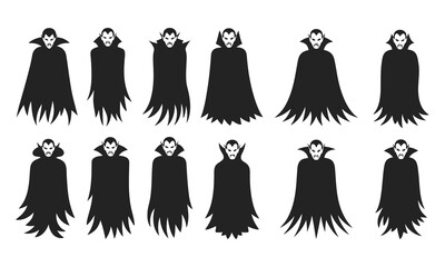 Vampire silhouette set with cape and fangs in minimal black and white vector art collection

