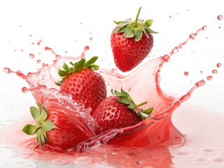 Fresh strawberries splashing into pink liquid creating a vibrant fruity explosion
