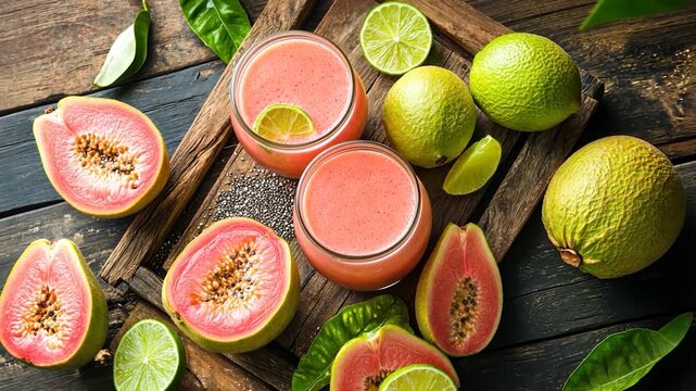 Pink guava and lime smoothie ingredients on a wooden tray