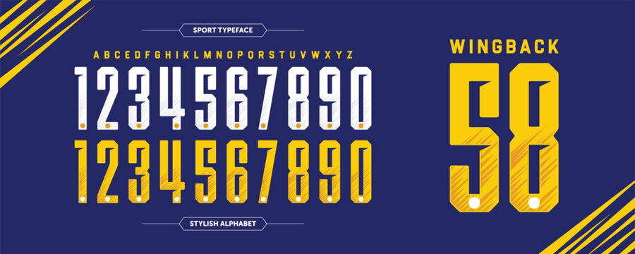 Naklejki Wing Back 58: a bold retro jersey number font with a vintage aesthetic. Features classic mono-color design for numbers and letters. Ideal for sports branding and team uniforms.