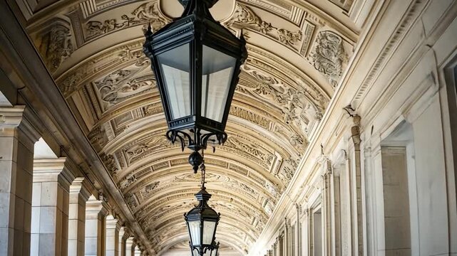 Ornate arched colonnade with hanging lamps