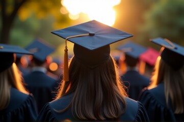 Students celebrate graduation wearing caps and gowns during an outdoor ceremony at sunset.