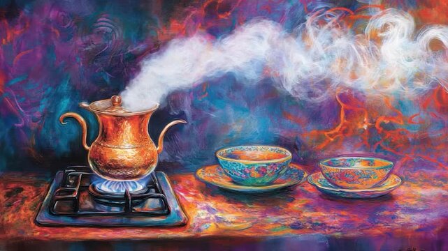 Colorful still life of copper tea pot steaming over burner with teacups