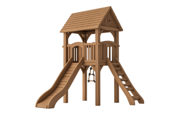Two Story Wooden Playhouse with Slide and Ladder PNG