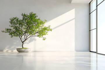 A bright, minimalistic white interior with a green plant in a pot by a sunny window, creating a serene and airy atmosphere.
