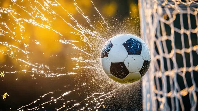 Soccer ball in motion with water spray