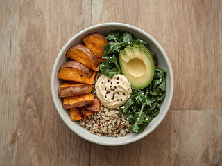 Nutrient-Rich Vegan Meal in White Bowl on Wooden Table – Top View Concept