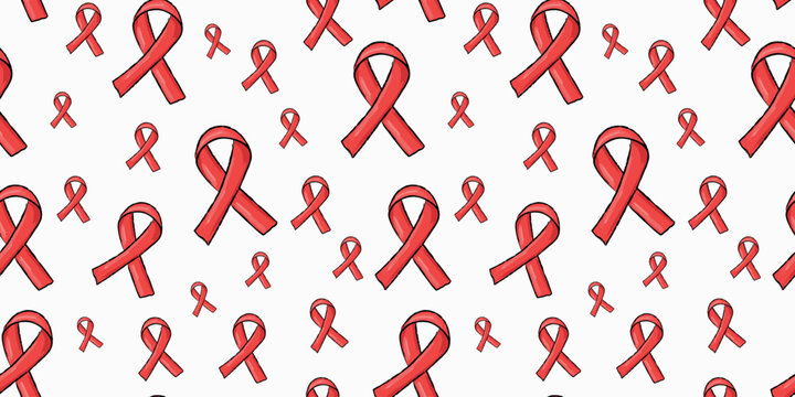 Seamless vector pattern of red awareness ribbons in hand-drawn doodle style. Perfect for HIV/AIDS campaigns, charity designs, medical posters, wrapping paper, and textile print.