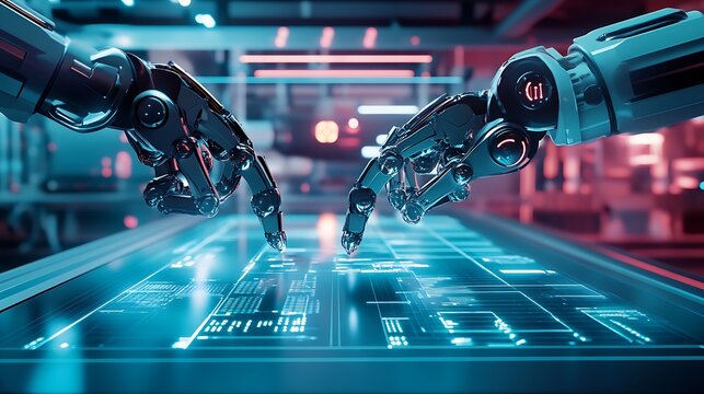 Robotic arms piecing together digital graphs in a neon-lit data room