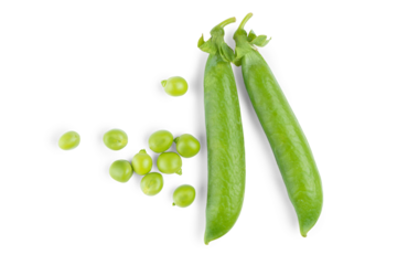 Open green pea pod with individual peas scattered around, isolated on white, transparent background. Image ideal for food designs, healthy lifestyle, and organic products legume, crop, food ingredient