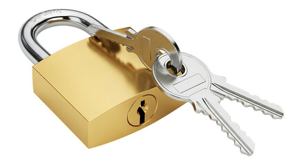 Brass padlock with two keys isolated on transparent background